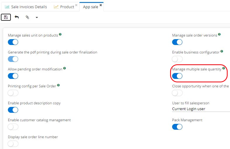 1.4. Activate the Manage multiple sale quantity checkbox (access: Application config → apps management → Sales, configure → activate the box). This feature indicates that you only wish to sell products in certain multiples (for example, the product will only be sold in tens).